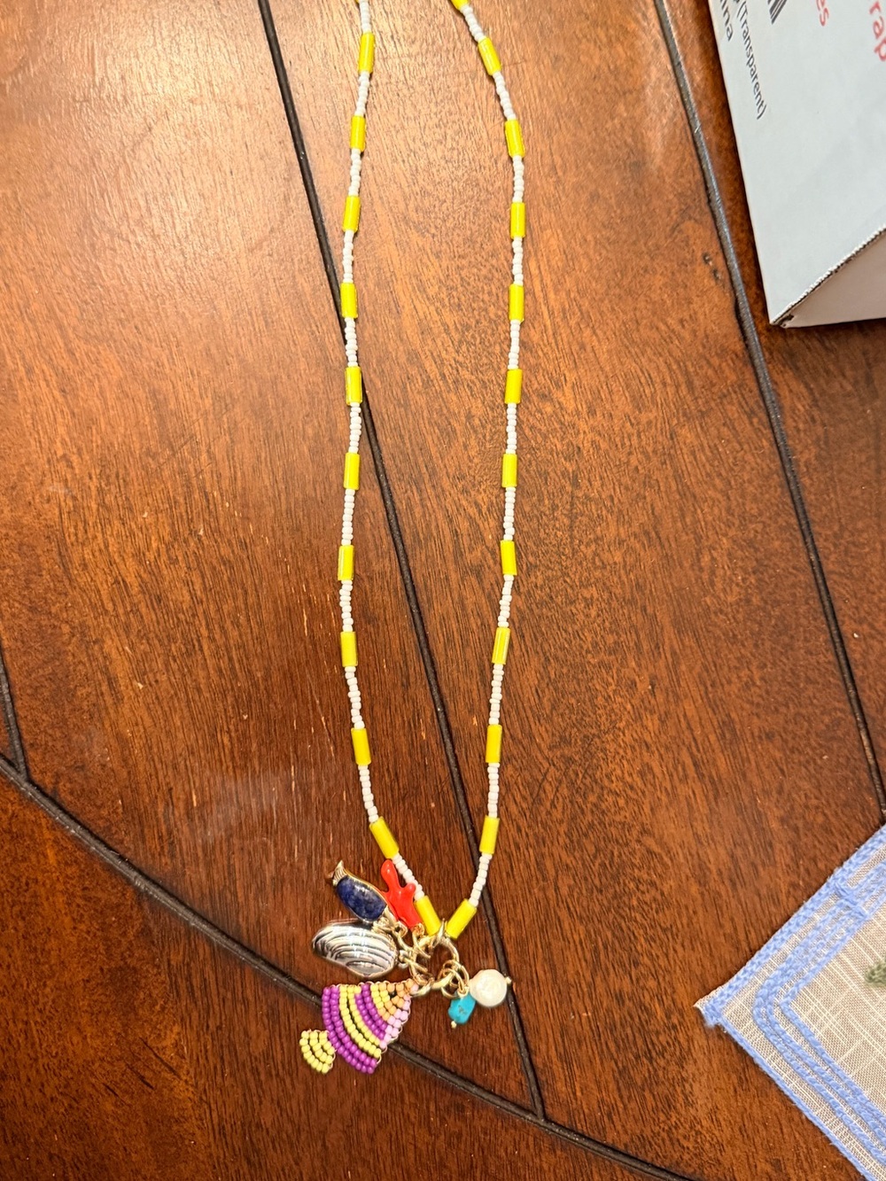 Anthropologie Yellow and White Beaded Charm Necklace fish